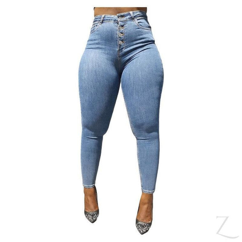 Buy-Ladies Extra High Waist Super Skinny Super Stretchy Strong Denim Jeans | Button Fly | "Mina"-Blue-32-Regular-Online-in South Africa-on Zalemart