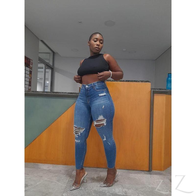 Buy-Ladies Extra High Waist Super Stretchy Super Skinny Strong Denim Jeans | Ripped | "Samina" - B Grade-Online-in South Africa-on Zalemart