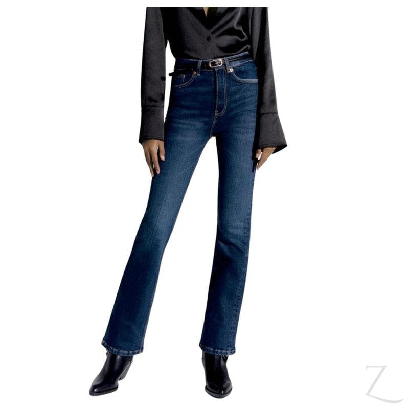 Buy-Ladies High Rise Super Strong Stretchy Flared Denim Jeans | Plain | "Zia"-Navy Blue-26-Online-in South Africa-on Zalemart