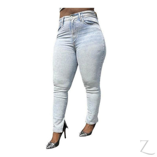 Buy-Ladies High Rise Super Strong Stretchy Vintage Slim Denim Jeans | Slit Hem | "Bobo" - B Grade-Light Blue-24-Online-in South Africa-on Zalemart