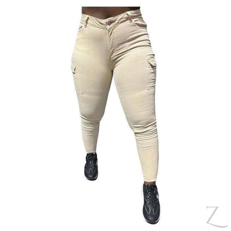Buy-Ladies High Waist Super Skinny Strong Stretchy Cargo Pants | Zip Detail | "Oola" - B Grade-Khaki-28-Online-in South Africa-on Zalemart