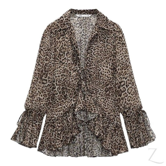 Buy-Ladies Sheer Blouse with Raffles | Leopard Print | "Zia"-Online-in South Africa-on Zalemart