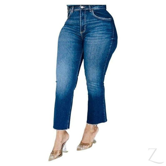 Buy-Ladies Super Strong Stretchy Flared Denim Jeans | Cropped | "Zia"-Dark Blue-26-Online-in South Africa-on Zalemart