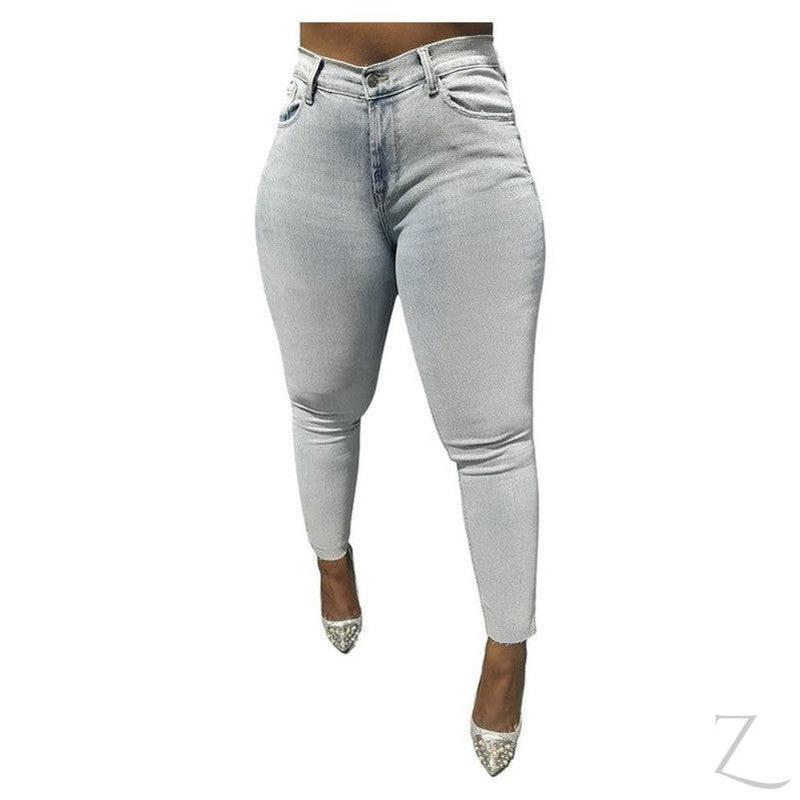 Buy-Ladies Super Strong Stretchy Skinny Plain Denim Jeans | Slit Cropped Hem | "Barbie" - B Grade-Light Wash Blue-28-Online-in South Africa-on Zalemart