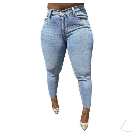 Buy-Ladies Super Strong Stretchy Skinny Plain Denim Jeans | Slit Cropped Hem | "Barbie"-Blue-28-Online-in South Africa-on Zalemart