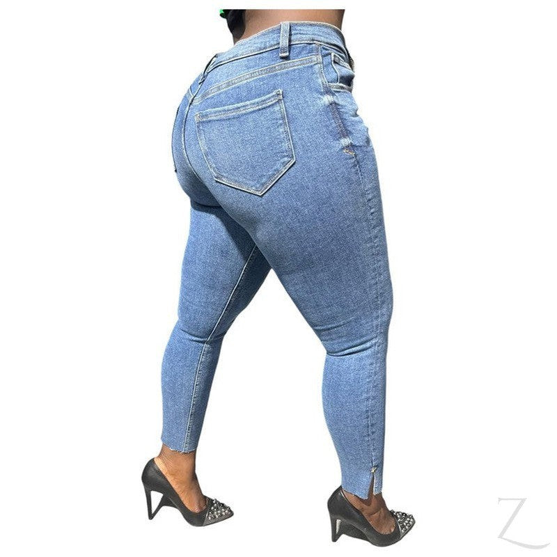 Buy-Ladies Super Strong Stretchy Skinny Plain Denim Jeans | Slit Cropped Hem | "Barbie"-Online-in South Africa-on Zalemart