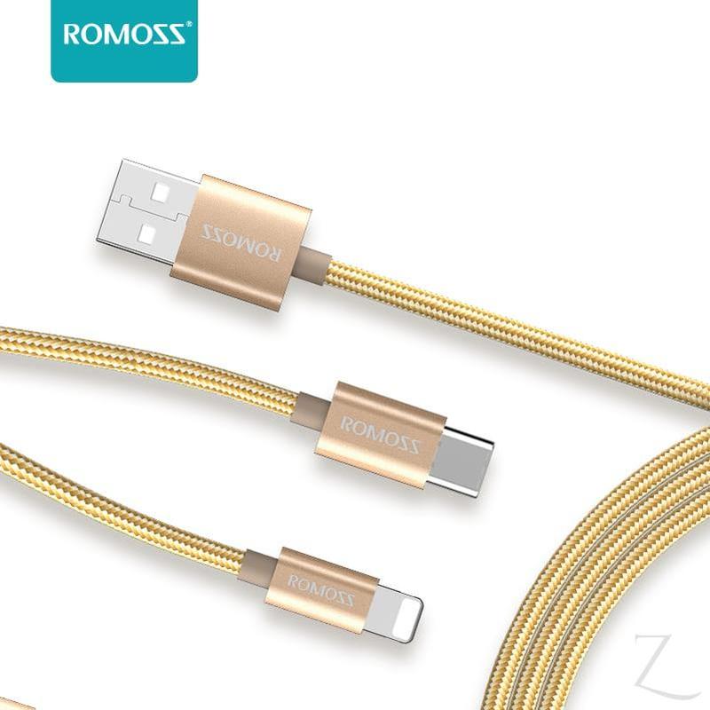 Romoss 2 in 1 USB to Lightning | Type C | 1.5m Cable - Gold