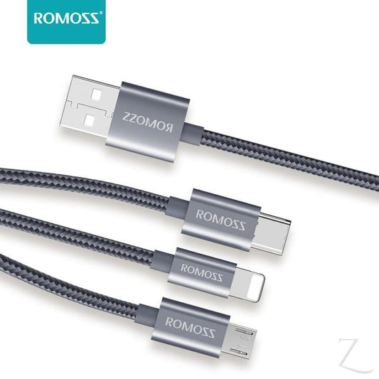 Romoss 3in1 Lightning Charge Sync|Micro USB |Type C to USB 1.5m Cable Space Grey