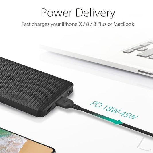 RAVPOWER 10000mAh USB | Type-C PD18W/QC3.0 Power Bank - Black