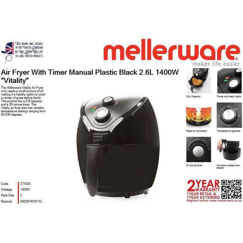 Buy-Mellerware Air Fryer With Timer Manual Plastic Black 2.6L 1400W "Vitality"-Online-in South Africa-on Zalemart
