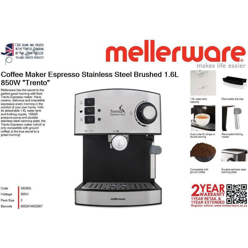Buy-Mellerware Coffee Maker Espresso Stainless Steel Brushed 15Bar 850W "Trento"-Online-in South Africa-on Zalemart