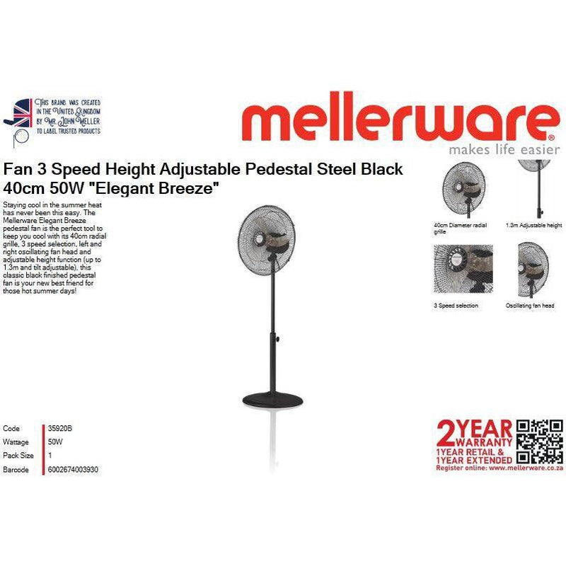 Buy-Mellerware Fan 3 Speed Height Adjustable Pedestal Steel Black 40cm 50W "Elegant Breeze"-Online-in South Africa-on Zalemart