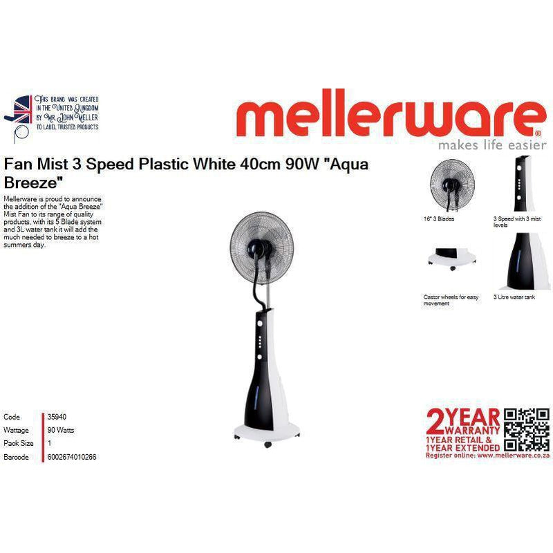 Buy-Mellerware Fan Mist 3 Speed Plastic White 40cm 90W "Aqua Breeze"-Online-in South Africa-on Zalemart