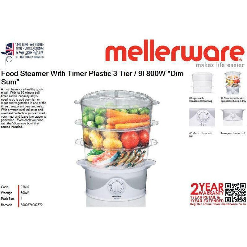Buy-Mellerware Food Steamer With Timer Plastic 3 Tier / 9L 800W "Dim Sum"-Online-in South Africa-on Zalemart