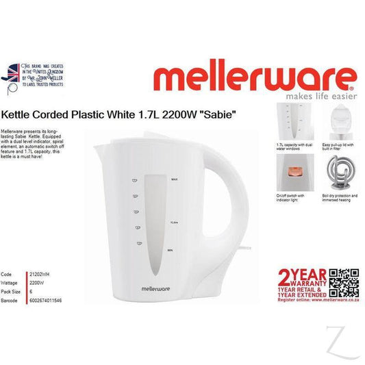 Buy-Mellerware Kettle Corded Plastic White 1.7L 2200W "Sabie"-Online-in South Africa-on Zalemart