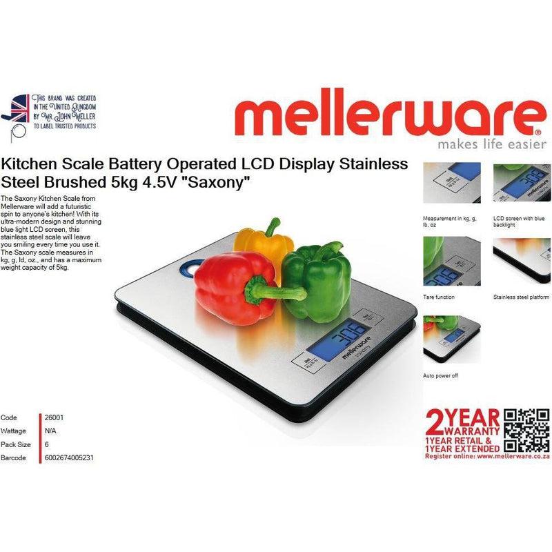 Buy-Mellerware Kitchen Scale Battery Operated LCD Display Stainless Steel Brushed 5kg 4.5V "Saxony"-Online-in South Africa-on Zalemart