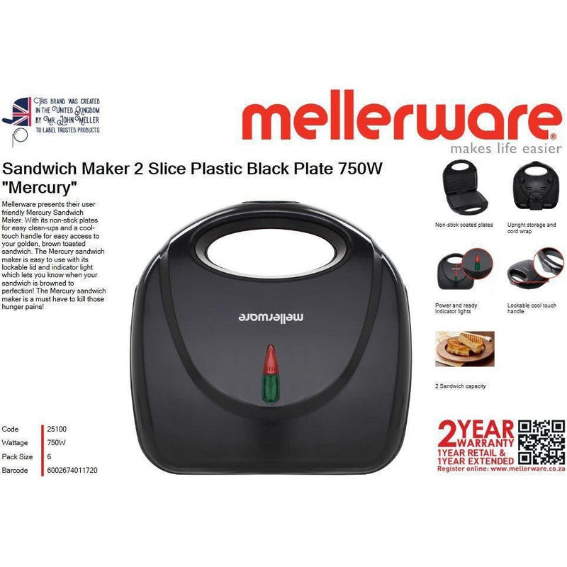 Buy-Mellerware Sandwich Maker 2 Slice Plastic Black Plate 750W "Mercury"-Online-in South Africa-on Zalemart