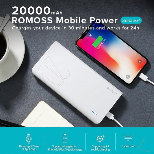 Buy-Romoss Sense6+ 20000mAh QC Type-C Power Bank - White-Online-in South Africa-on Zalemart