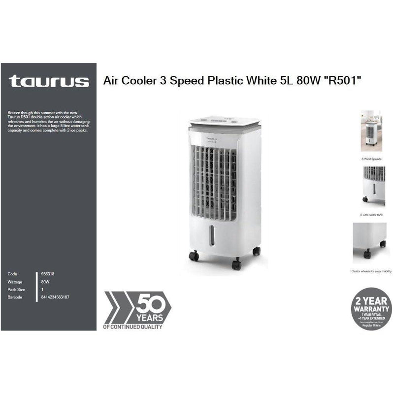 Buy-Taurus Air Cooler 3 Speed Plastic White 5L 80W "R501"-Online-in South Africa-on Zalemart