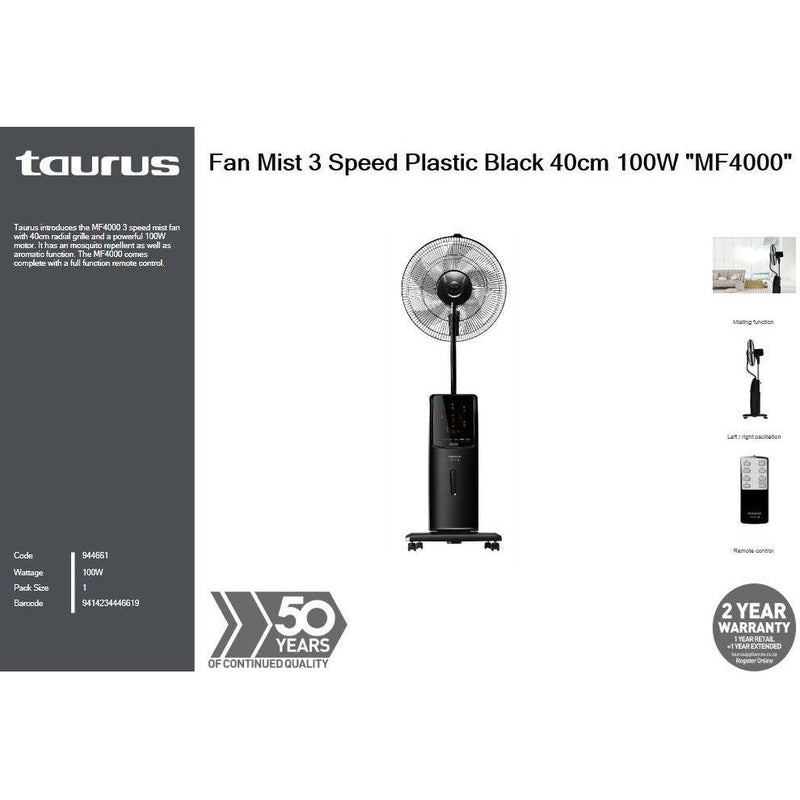 Buy-Taurus Fan Mist 3 Speed Plastic Black 40cm 100W "MF4000"-Online-in South Africa-on Zalemart
