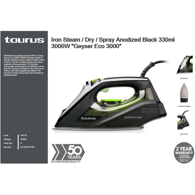 Buy-Taurus Iron Steam / Dry / Spray Anodized Black 330ml 3000W "Geyser Eco 3000"-Online-in South Africa-on Zalemart