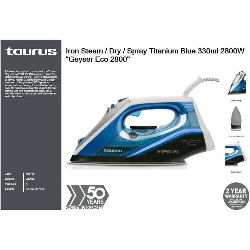 Buy-Taurus Iron Steam / Dry / Spray Titanium Blue 330ml 2800W "Geyser Eco 2800"-Online-in South Africa-on Zalemart