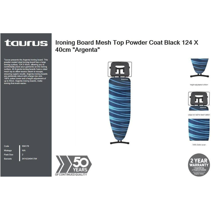 Buy-Taurus Ironing Board Mesh Top Powder Coat Black 124 X 40cm "Argenta"-Online-in South Africa-on Zalemart