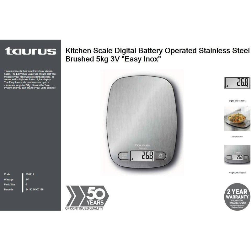 Buy-Taurus Kitchen Scale Digital Battery Operated Stainless Steel Brushed 5kg 3V "Easy Inox"-Online-in South Africa-on Zalemart