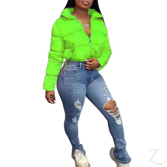 Buy-Ladies Cropped Puffer Jacket | Zipper | "Thingo"-Neon Green-S-Online-in South Africa-on Zalemart
