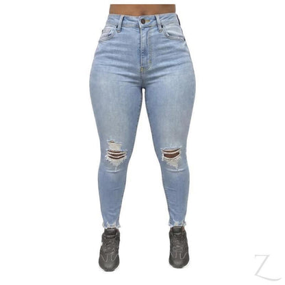 Buy-Ladies High Rise Super Skinny Super Strong Stretchy Ripped Denim Jeans | Raw Hem | "Nisa" - B Grade-Light Wash Blue-30-Online-in South Africa-on Zalemart