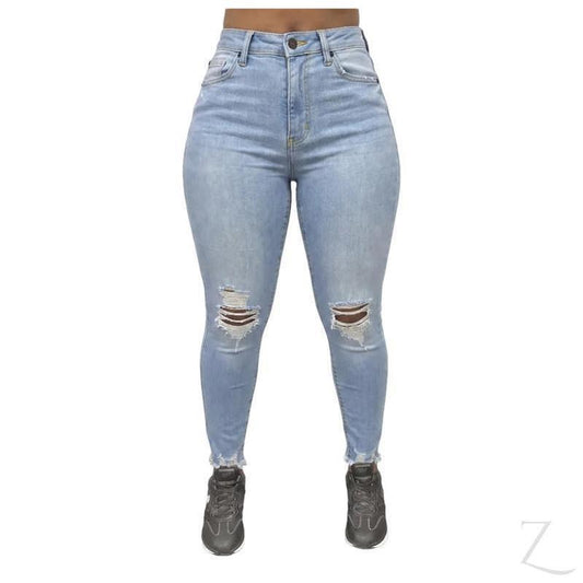 Buy-Ladies High Rise Super Skinny Super Strong Stretchy Ripped Denim Jeans | Raw Hem | "Nisa" - B Grade-Light Wash Blue-30-Online-in South Africa-on Zalemart