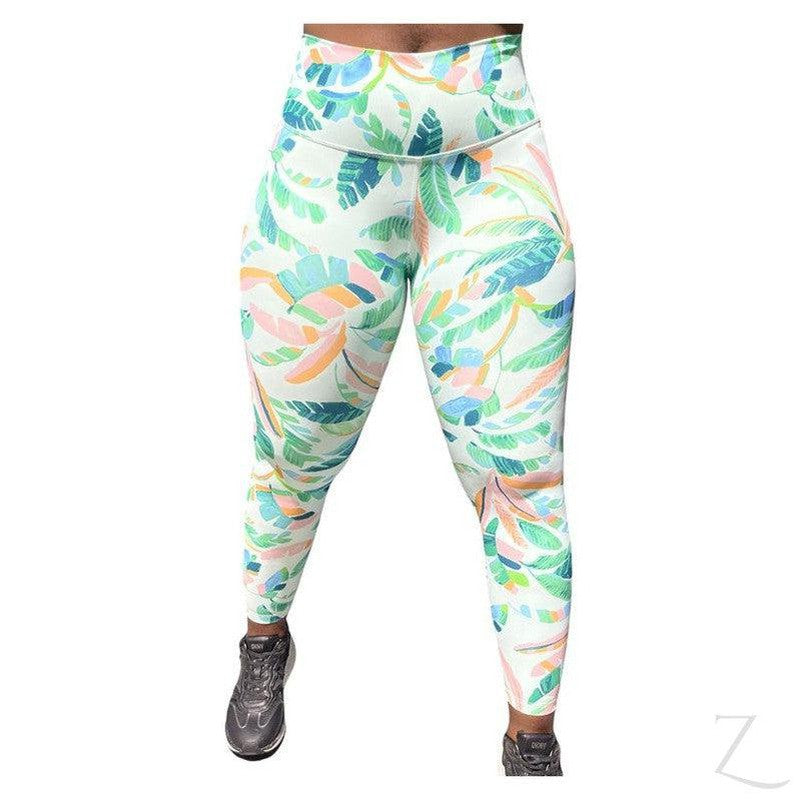 Buy-Ladies High Rise Super Stretchy Leggings | Printed | "Samina"-White with Green Leaves-XS-Regular-Online-in South Africa-on Zalemart