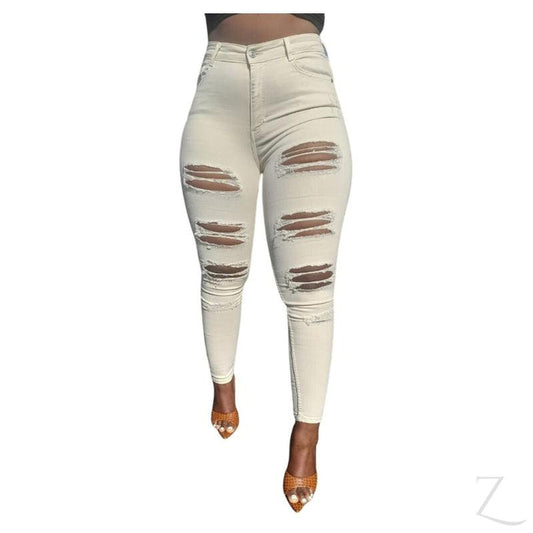 Buy-Ladies High Rise Super Stretchy Super Skinny Strong Denim Jeans | Ripped | "Zia"-Cream White-28-Online-in South Africa-on Zalemart
