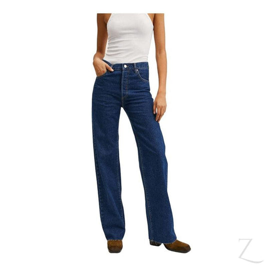 Buy-Ladies High Rise Super Strong Wide Leg Denim Jeans | Frayed Hem | "Sithelo"-Dark Blue-24-Online-in South Africa-on Zalemart