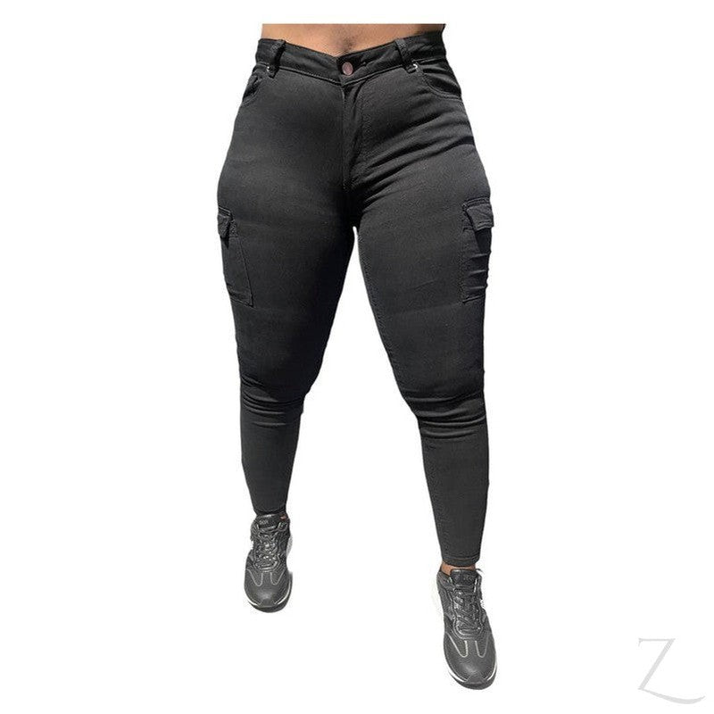 Buy-Ladies High Waist Super Skinny Strong Stretchy Cargo Pants | Zip Detail | "Oola"-Black-28-Online-in South Africa-on Zalemart