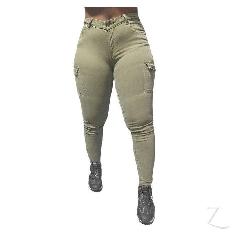 Buy-Ladies High Waist Super Skinny Strong Stretchy Cargo Pants | Zip Detail | "Oola"-Olive Green-28-Online-in South Africa-on Zalemart