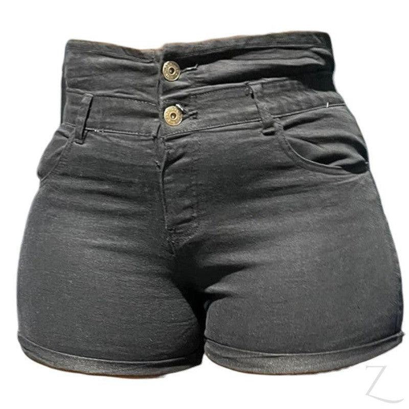 Buy-Ladies High Waist Super Strong Slightly Stretchy Paperbag Denim Shorts | Button Up | "Yagi"-Black-28-Online-in South Africa-on Zalemart