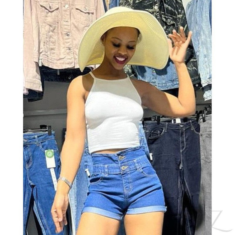 Buy-Ladies High Waist Super Strong Slightly Stretchy Paperbag Denim Shorts | Button Up | "Yagi"-Online-in South Africa-on Zalemart