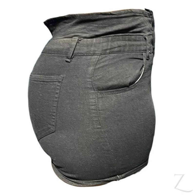 Ladies High Waist Super Strong Slightly Stretchy Paperbag Denim Shorts Button Up