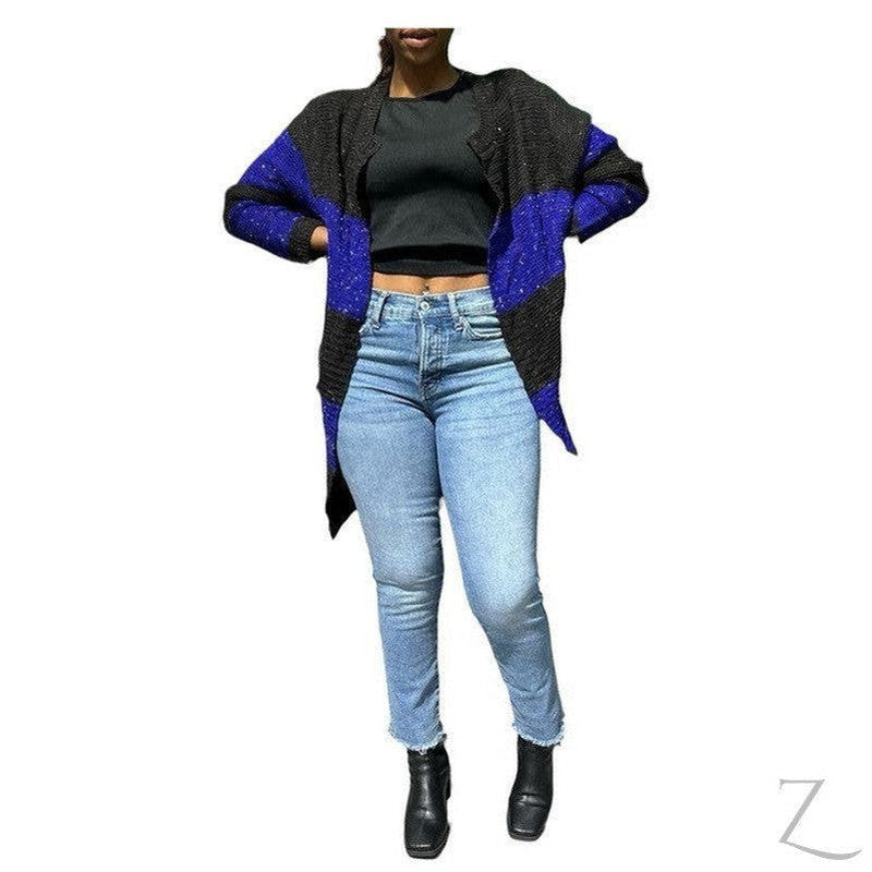 Buy-Ladies Open Front Woolly Cardigan | Long | "Zia"-Black & Blue-S-Online-in South Africa-on Zalemart