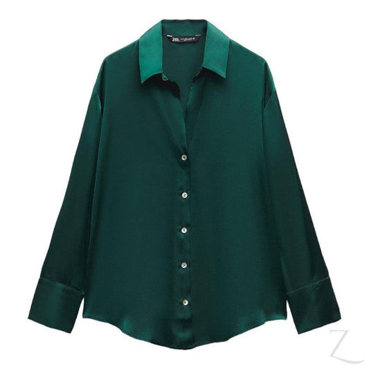 Buy-Ladies Satin Effect Basic Shirt | Long SLeeve | "Zia"-Dark Green-XS-Online-in South Africa-on Zalemart