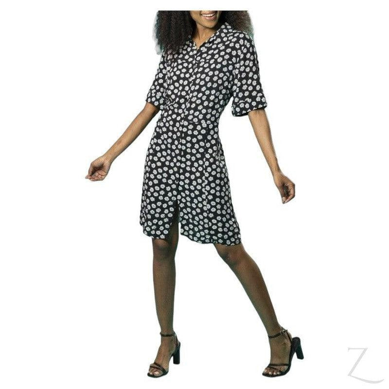 Buy-Ladies Short Sleeve Mini Summer Dress | Short | "Oola"-Black with White Flowers-XS-Online-in South Africa-on Zalemart