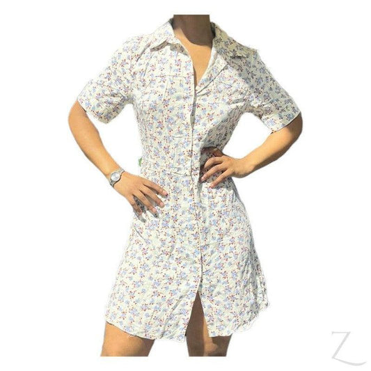 Buy-Ladies Short Sleeve Mini Summer Dress | Short | "Oola"-White with Blue Flowers-XS-Online-in South Africa-on Zalemart