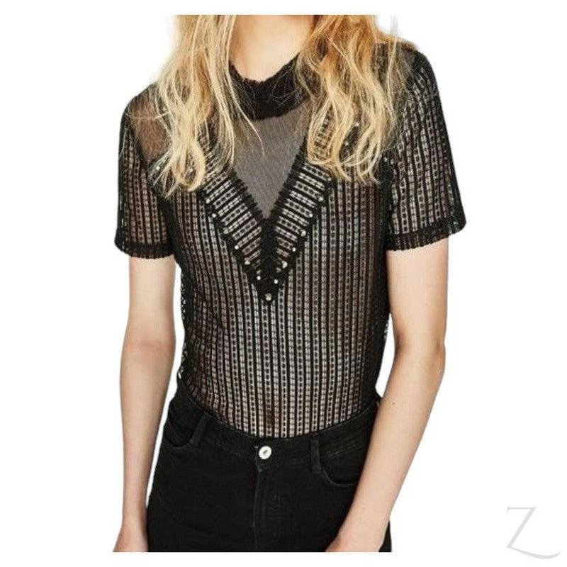 Buy-Ladies Studded Lace T-Shirt | Short Sleeve | "Zia"-Black-S-Online-in South Africa-on Zalemart