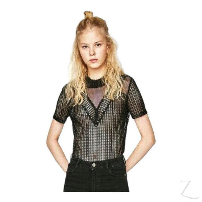 Buy-Ladies Studded Lace T-Shirt | Short Sleeve | "Zia"-Online-in South Africa-on Zalemart