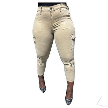 Buy-Ladies Super Stretchy Super Skinny Super Strong Denim Cargo Pants | Short Length | "Jana"-Khaki-26-Online-in South Africa-on Zalemart