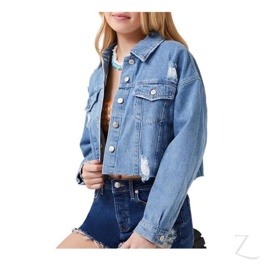 Buy-Ladies Super Strong Cropped Denim Jacket | Ripped | "Fele" - B Grade-Blue-S-Online-in South Africa-on Zalemart