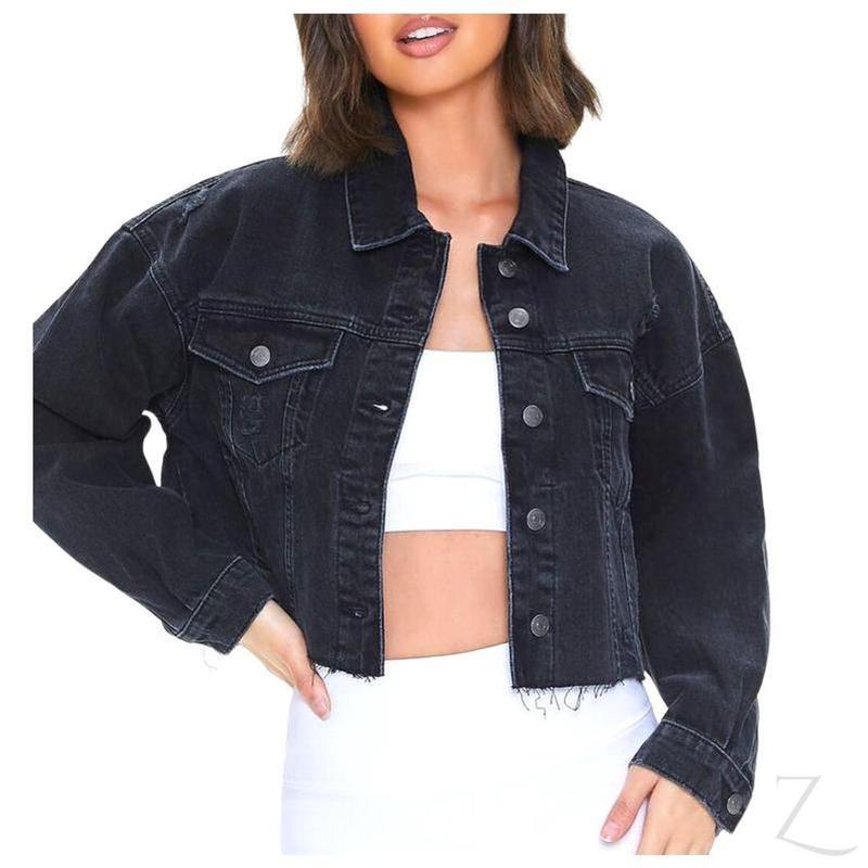 Buy-Ladies Super Strong Cropped Denim Jacket | Ripped | "Fele" - B Grade-Charcoal Black-S-Online-in South Africa-on Zalemart