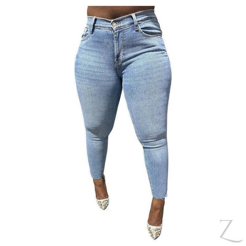 Buy-Ladies Super Strong Stretchy Skinny Plain Denim Jeans | Slit Cropped Hem | "Barbie"-Blue-28-Online-in South Africa-on Zalemart