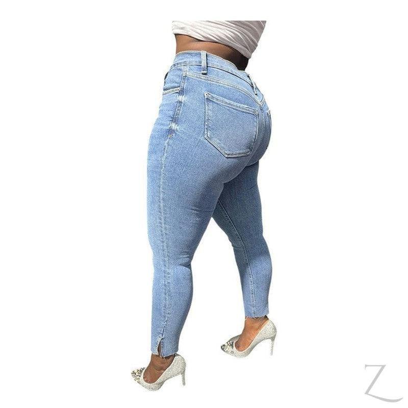 Buy-Ladies Super Strong Stretchy Skinny Plain Denim Jeans | Slit Cropped Hem | "Barbie"-Online-in South Africa-on Zalemart